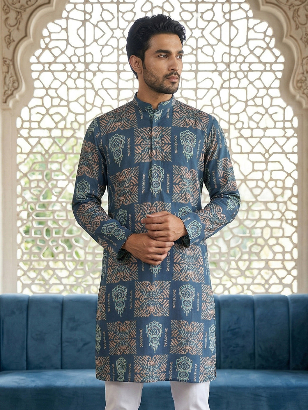Abstract Floral Printed Kurta ( 65KO 5524Blue )