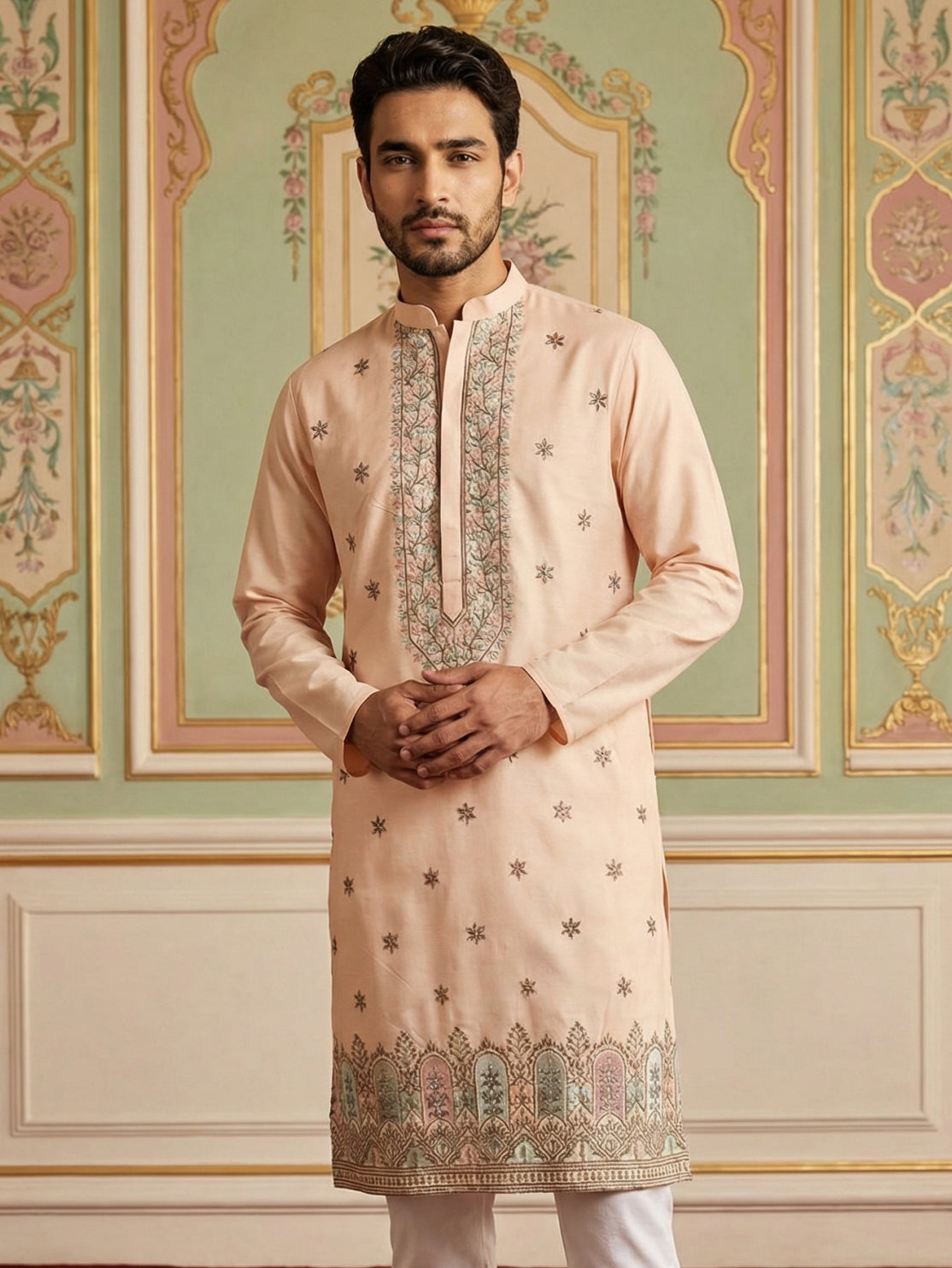 Men Silk Blend Embroidered Kurta ( 65KO 5525Peach )