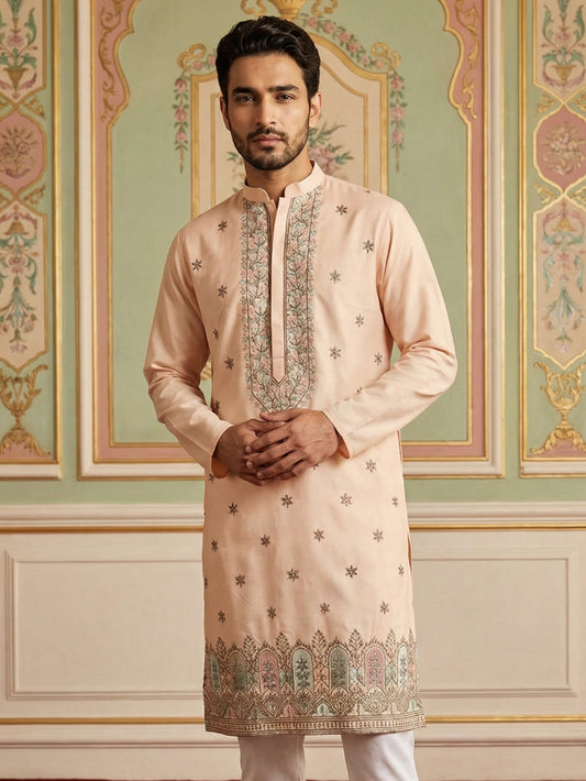 Men Silk Blend Embroidered Kurta ( 65KO 5525Peach )
