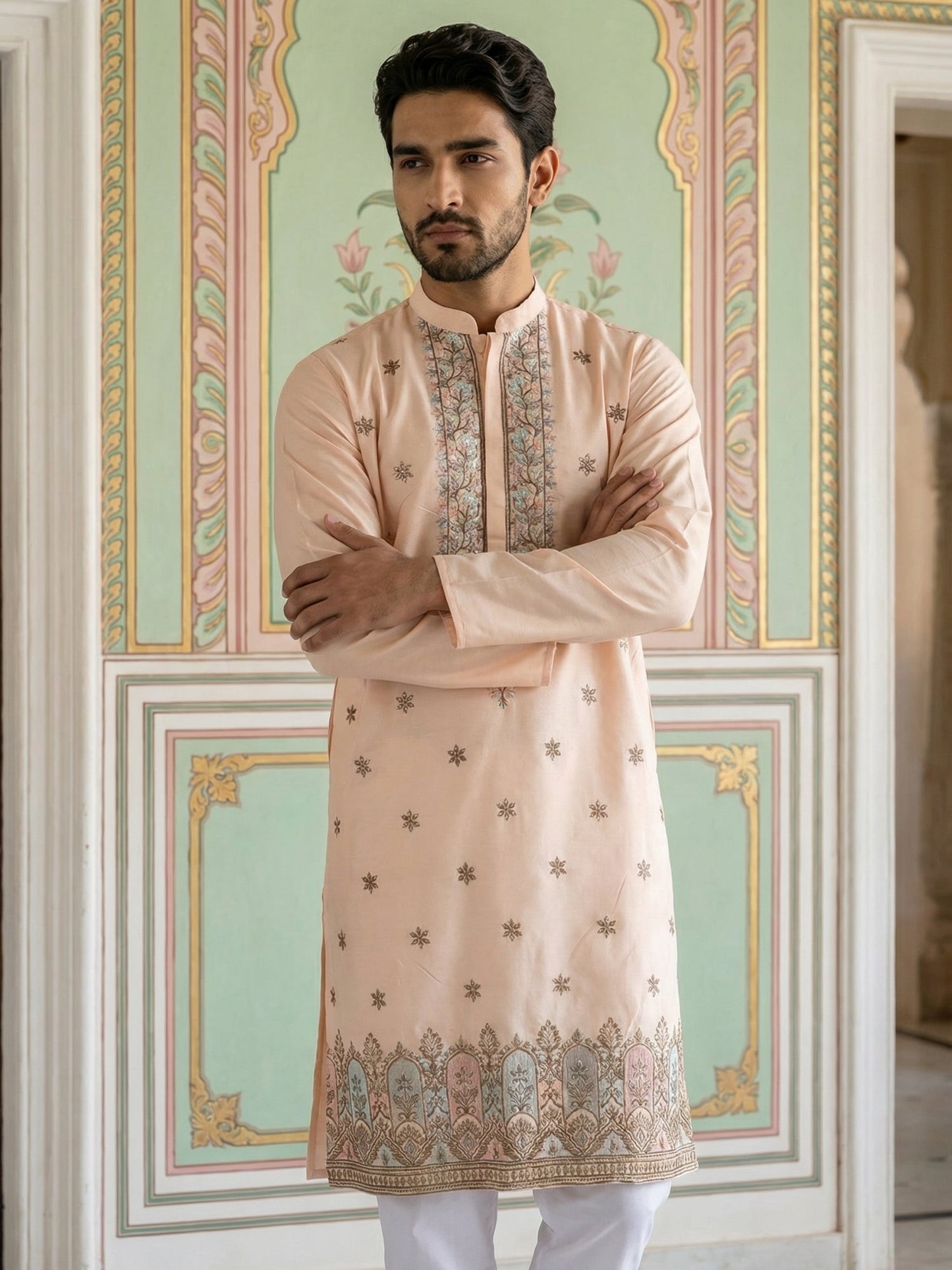 Men Silk Blend Embroidered Kurta ( 65KO 5525Peach )