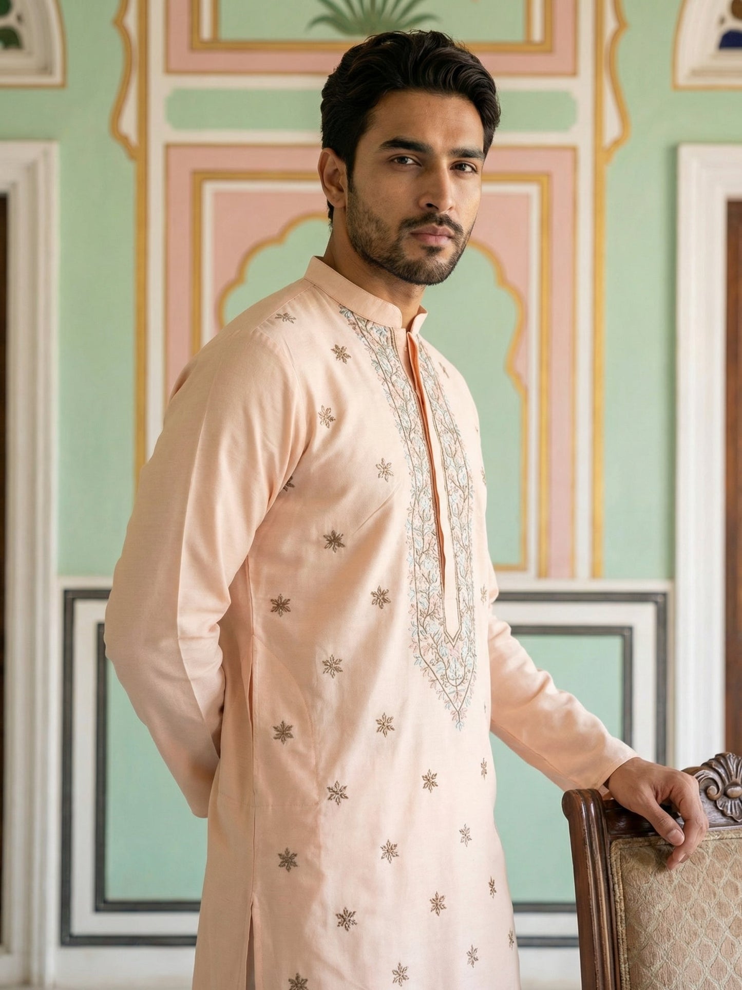 Men Silk Blend Embroidered Kurta ( 65KO 5525Peach )