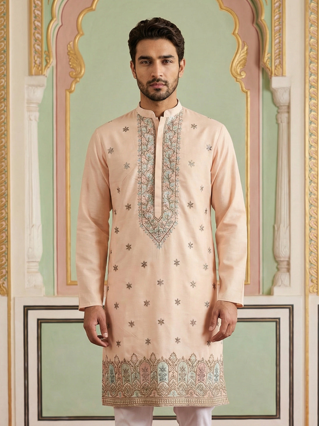 Men Silk Blend Embroidered Kurta ( 65KO 5525Peach )