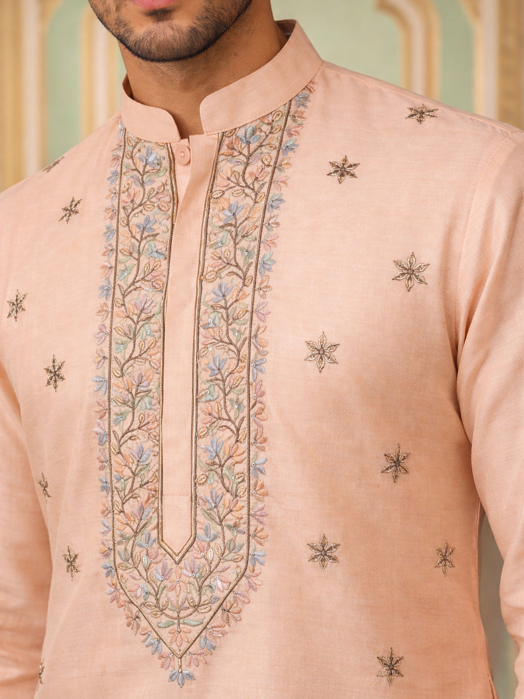 Men Silk Blend Embroidered Kurta ( 65KO 5525Peach )