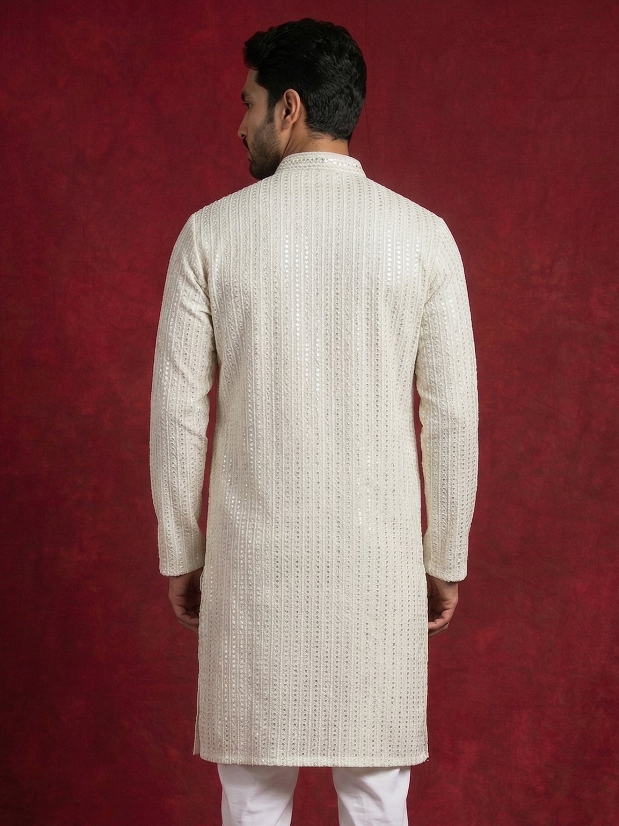Ivory Sequins Embroidered Kurta ( 65KO 5526Cream ) [FF] [B-5]
