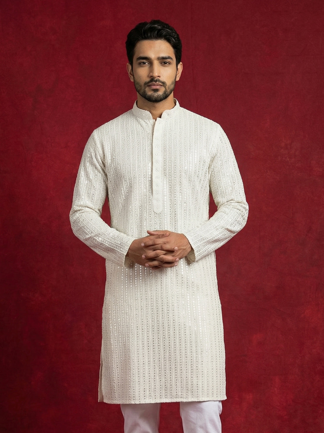 Ivory Sequins Embroidered Kurta ( 65KO 5526Cream ) [FF] [B-5]