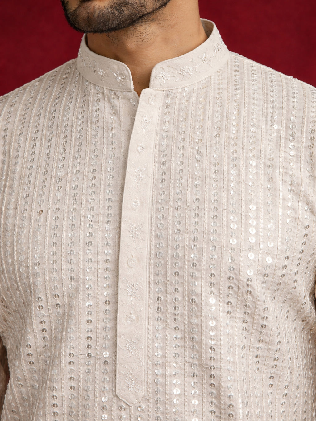 Ivory Sequins Embroidered Kurta ( 65KO 5526Cream ) [FF] [B-5]