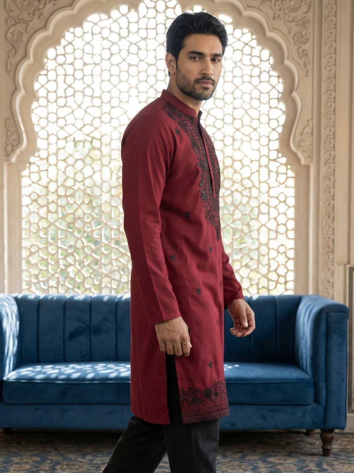 Men’s Classic Silk Blend Kurta with Rich Embroidery ( 65KO 5530Maroon )