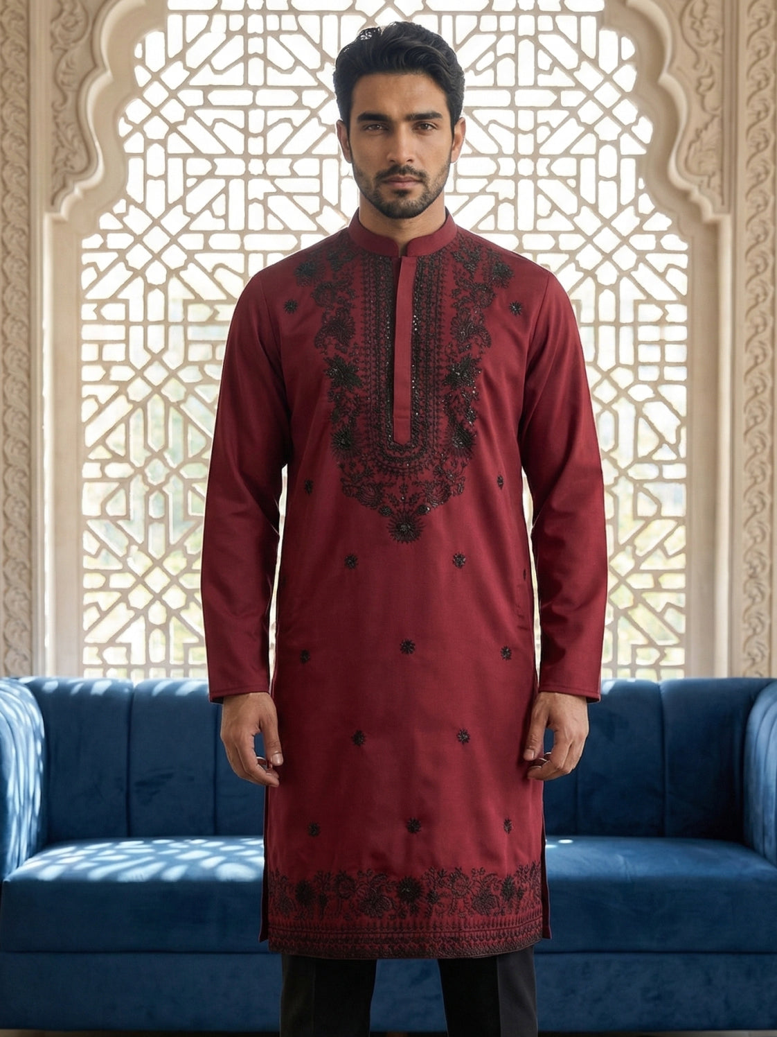 Men’s Classic Silk Blend Kurta with Rich Embroidery ( 65KO 5530Maroon )