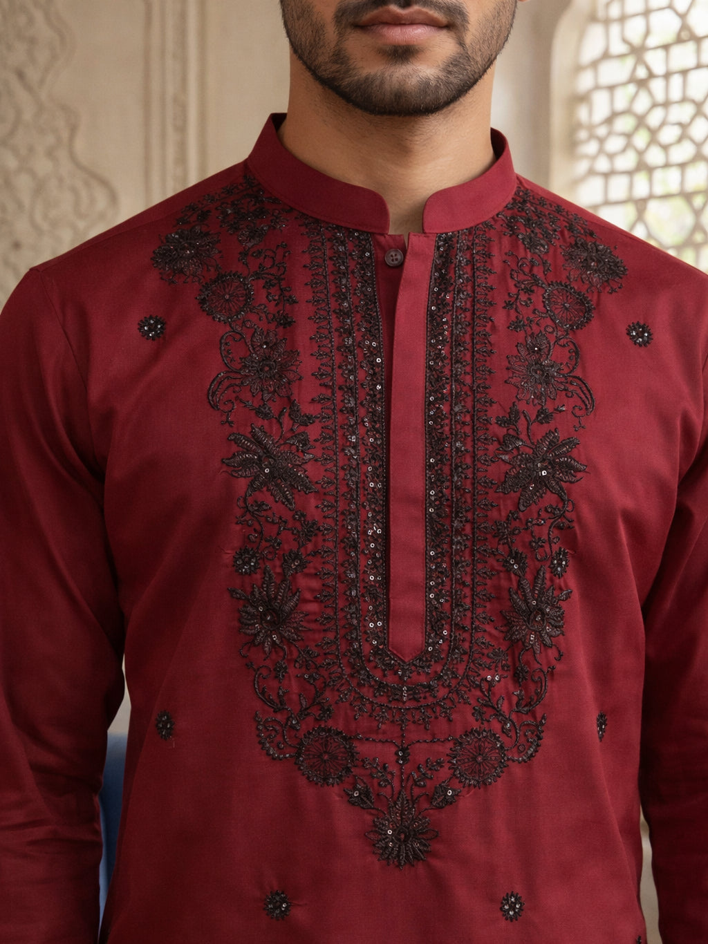 Men’s Classic Silk Blend Kurta with Rich Embroidery ( 65KO 5530Maroon )
