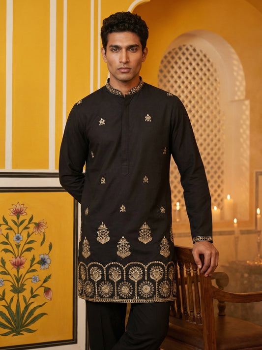 Men’s Classic Kurta with Rich Hemline Embroidery ( 65KO 5531Black )