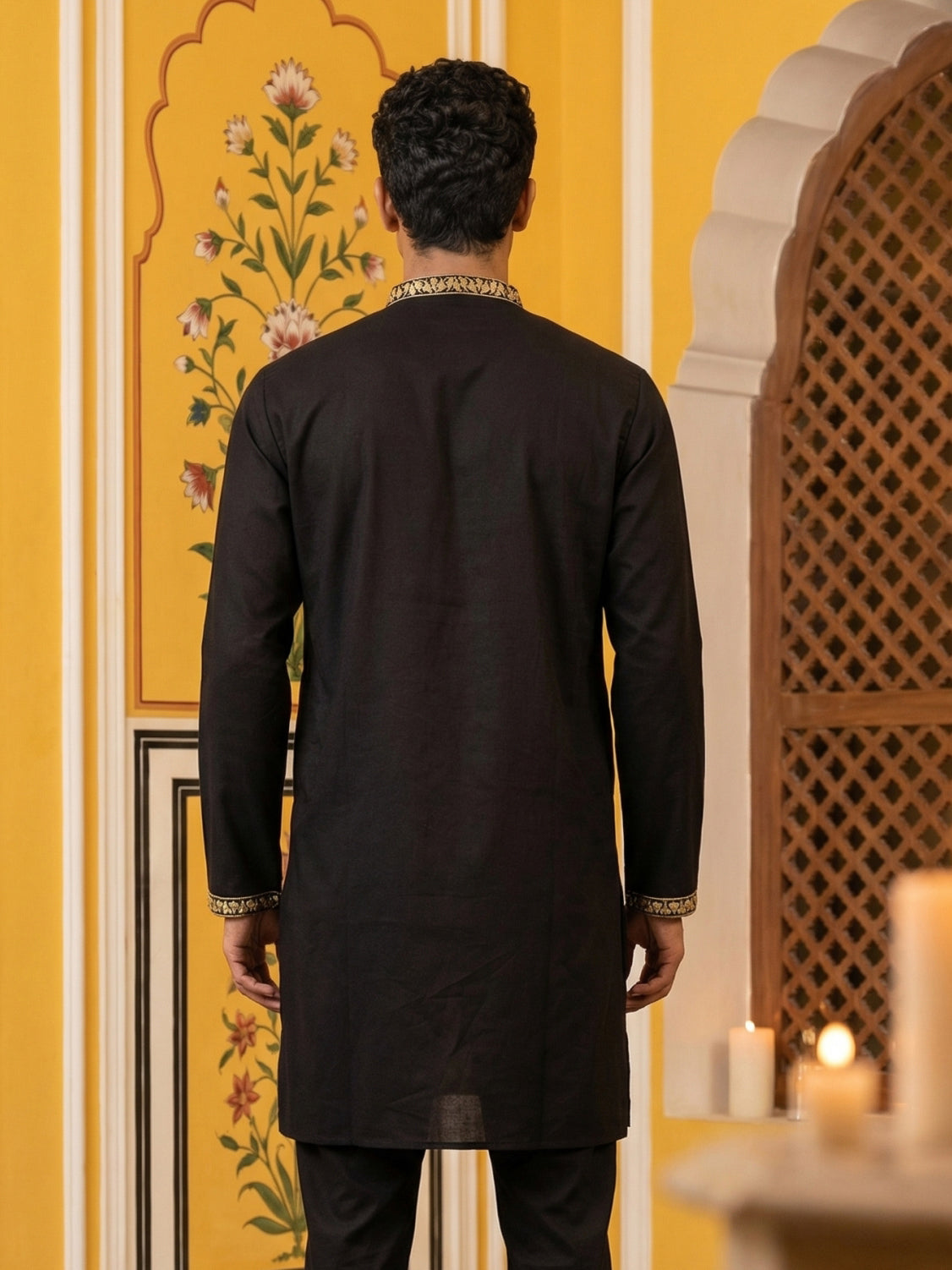 Men’s Classic Kurta with Rich Hemline Embroidery ( 65KO 5531Black )