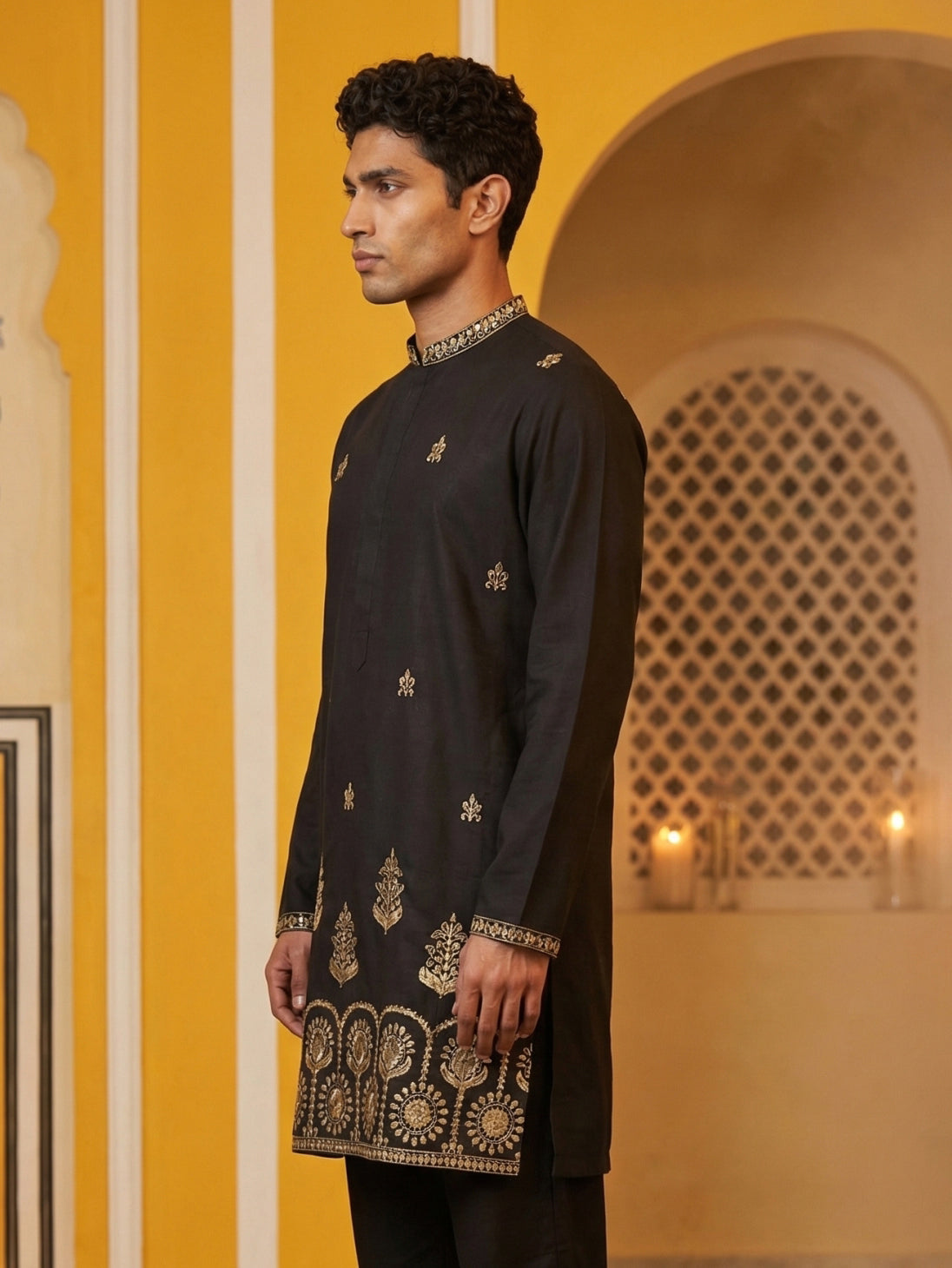Men’s Classic Kurta with Rich Hemline Embroidery ( 65KO 5531Black )