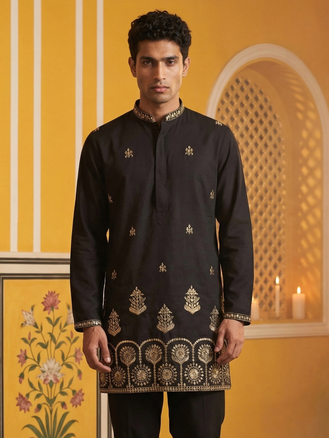Men’s Classic Kurta with Rich Hemline Embroidery ( 65KO 5531Black )