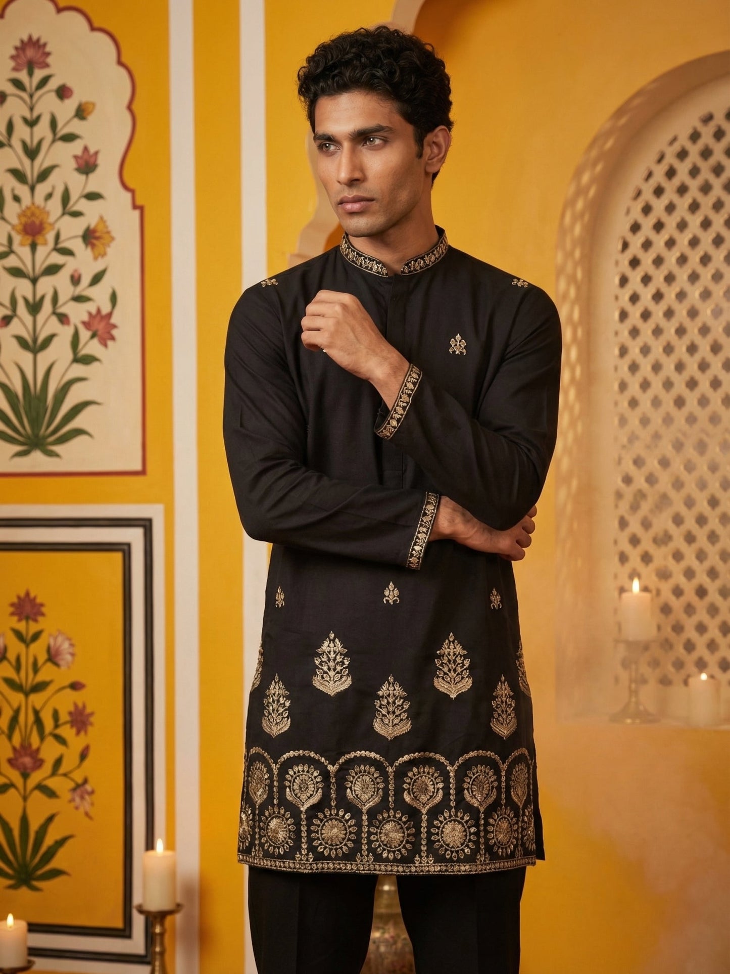 Men’s Classic Kurta with Rich Hemline Embroidery ( 65KO 5531Black )