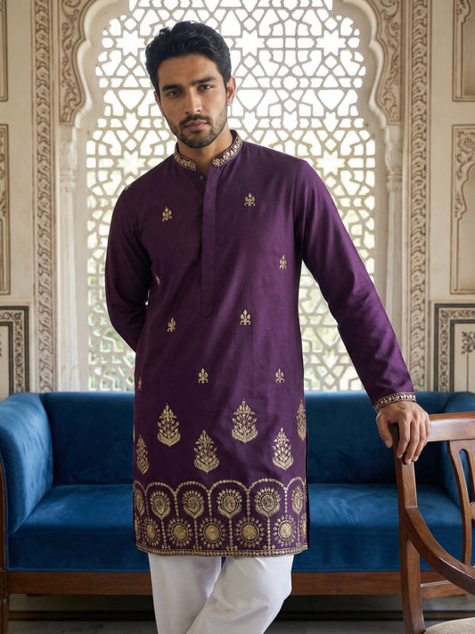 Men’s Classic Kurta with Rich Hemline Embroidery ( 65KO 5531Purple )