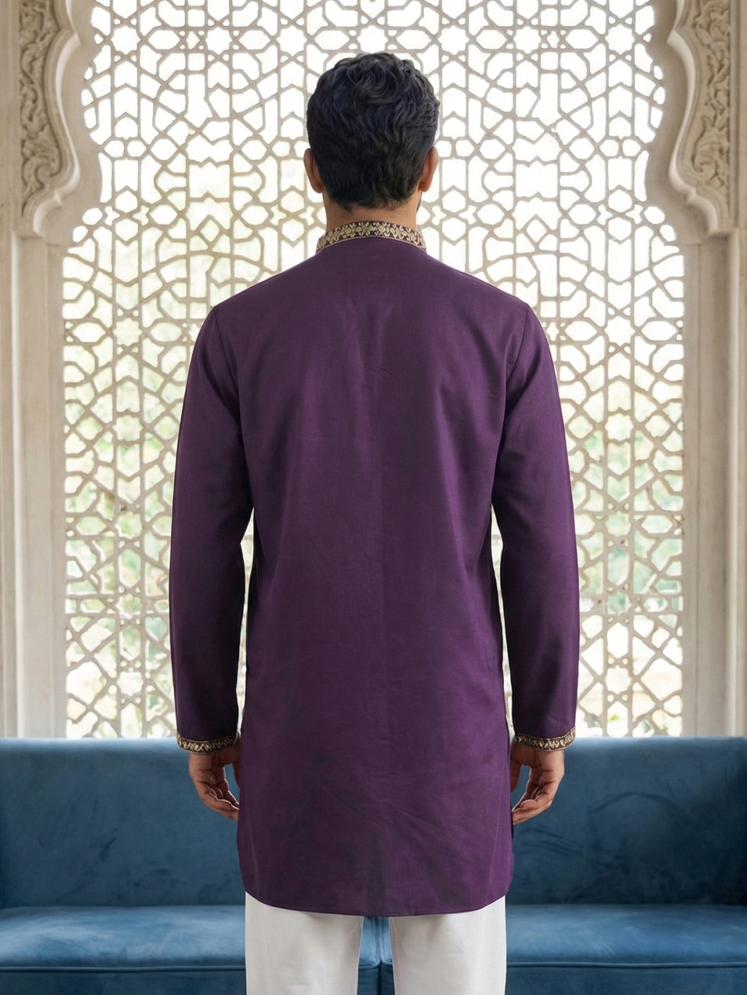 Men’s Classic Kurta with Rich Hemline Embroidery ( 65KO 5531Purple )