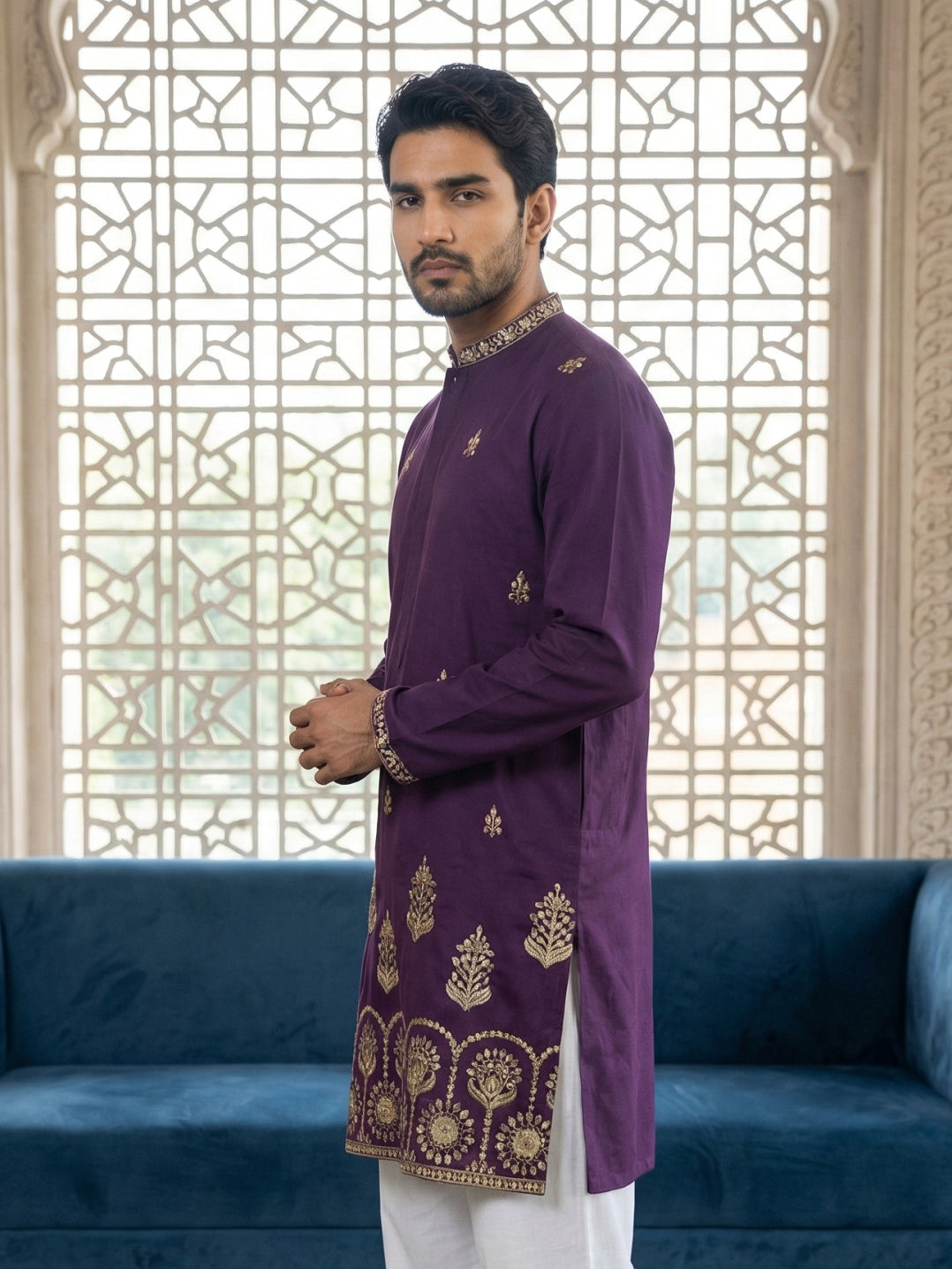 Men’s Classic Kurta with Rich Hemline Embroidery ( 65KO 5531Purple )