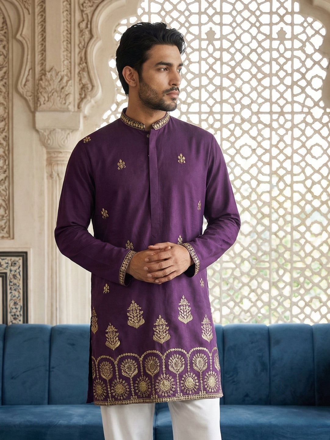 Men’s Classic Kurta with Rich Hemline Embroidery ( 65KO 5531Purple )