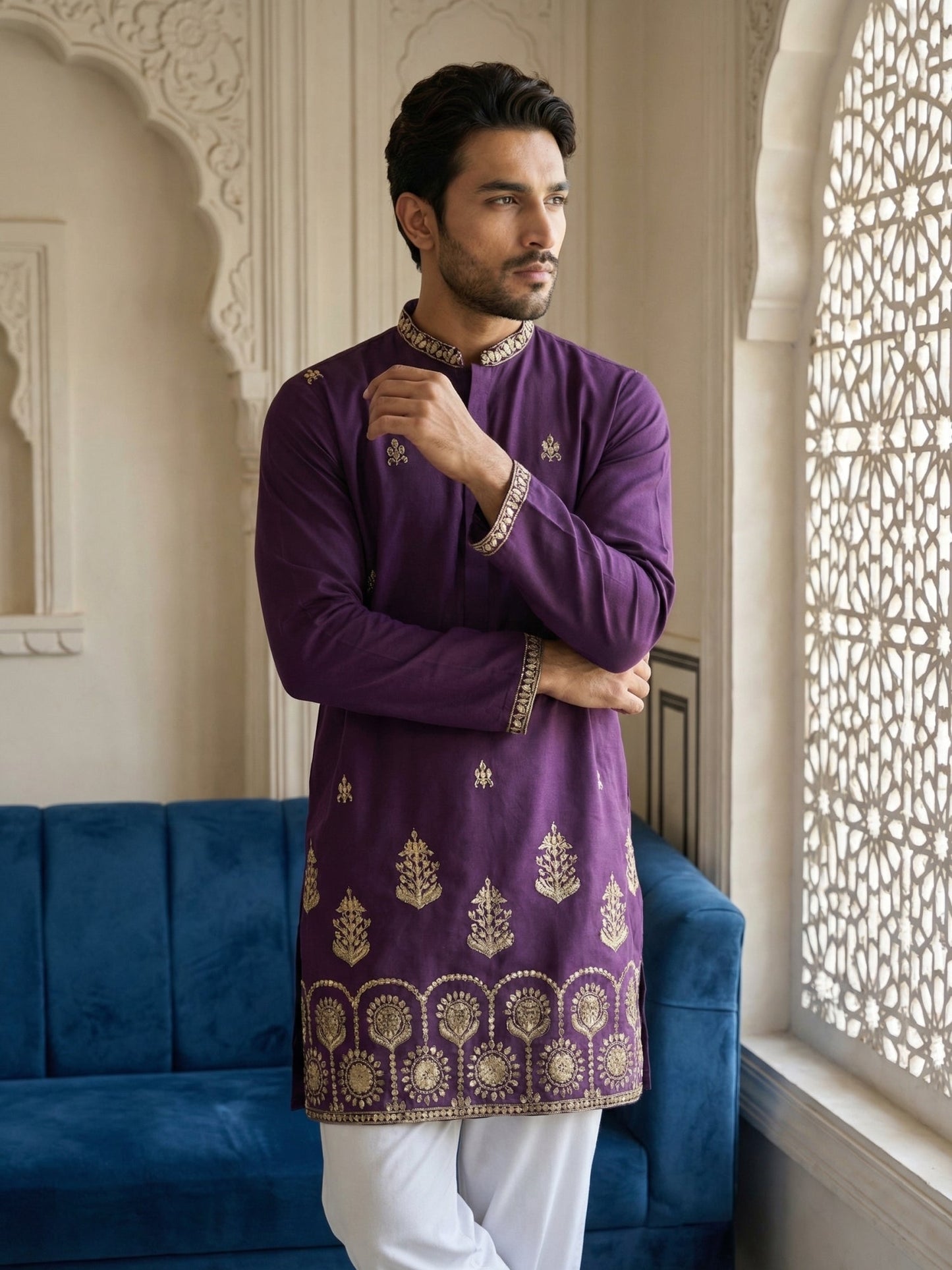 Men’s Classic Kurta with Rich Hemline Embroidery ( 65KO 5531Purple )