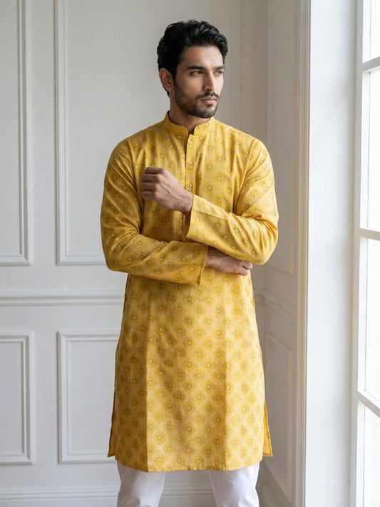 Men’s Printed Cotton Blend Kurta ( 65KO 5532Yellow )
