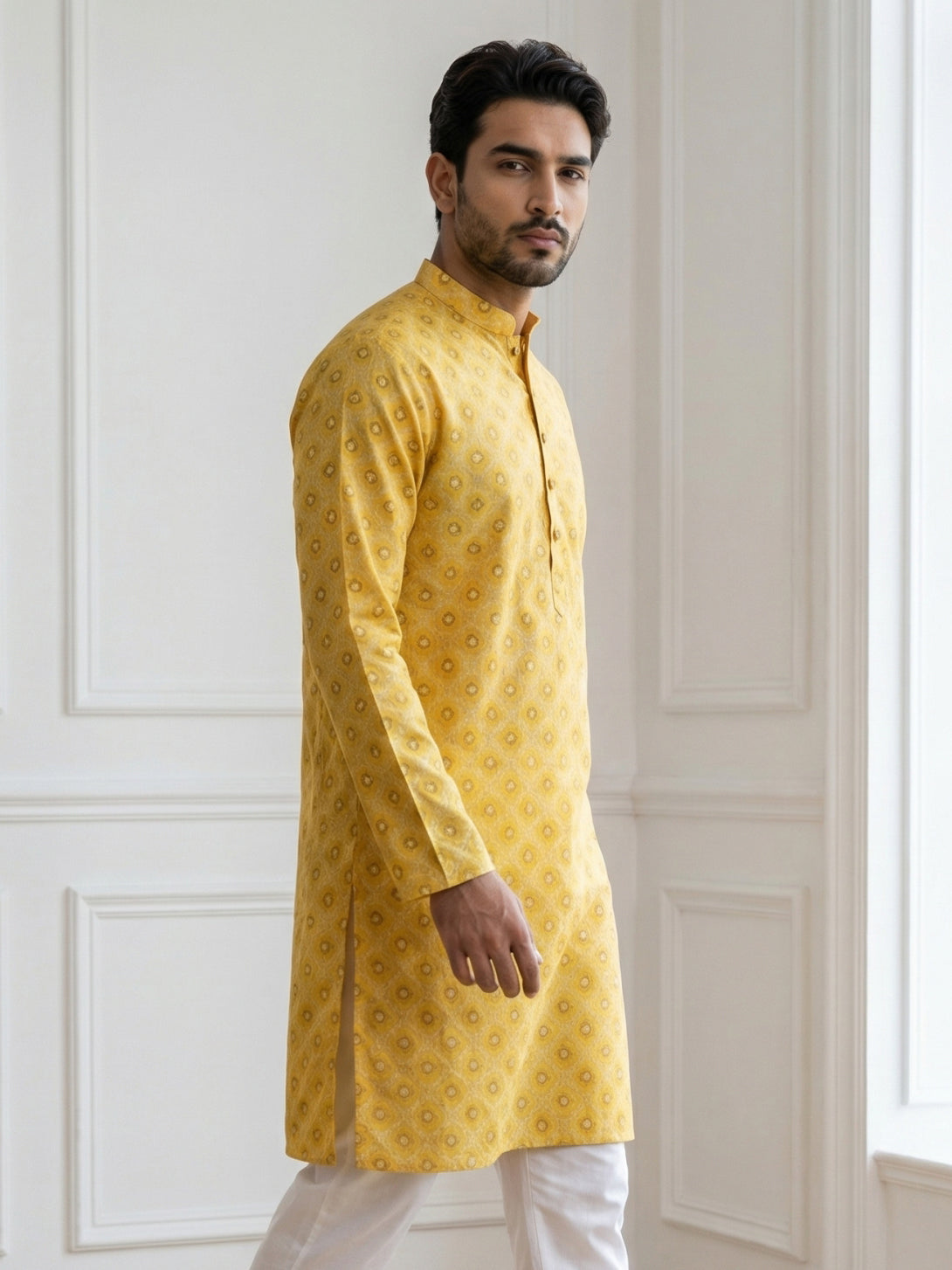 Men’s Printed Cotton Blend Kurta ( 65KO 5532Yellow )