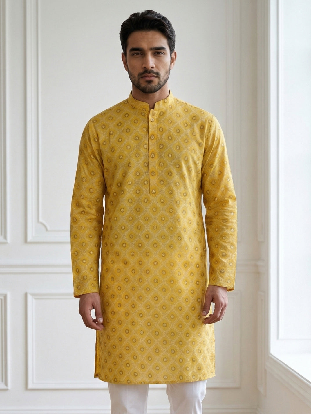 Men’s Printed Cotton Blend Kurta ( 65KO 5532Yellow )