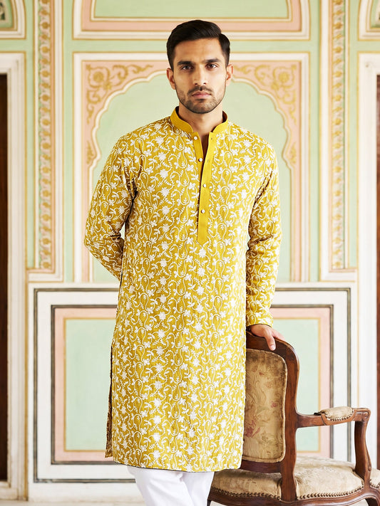 Floral Embroidered Viscose Rayon Kurta ( 65KO 5533Mustard )
