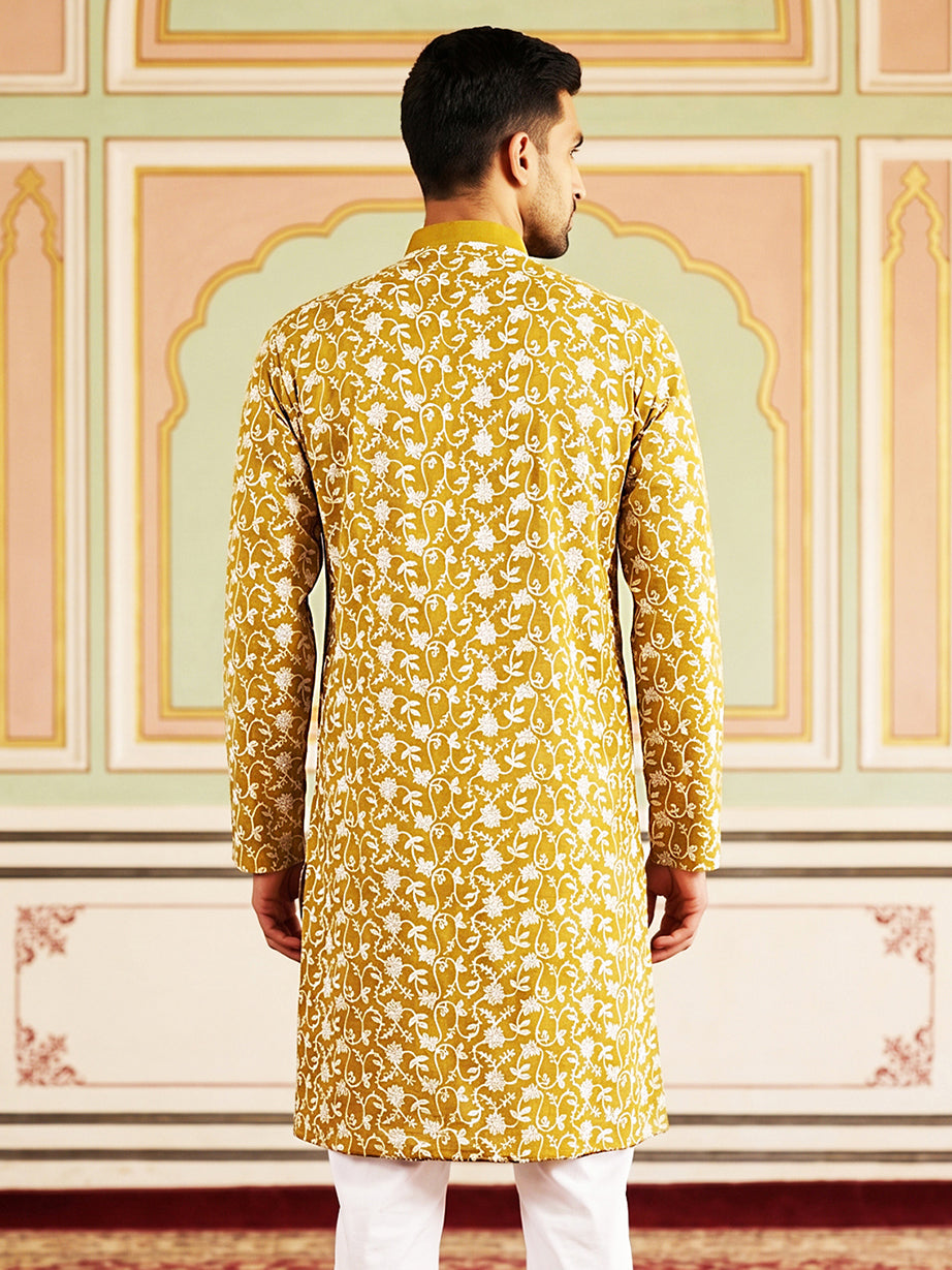 Floral Embroidered Viscose Rayon Kurta ( 65KO 5533Mustard )