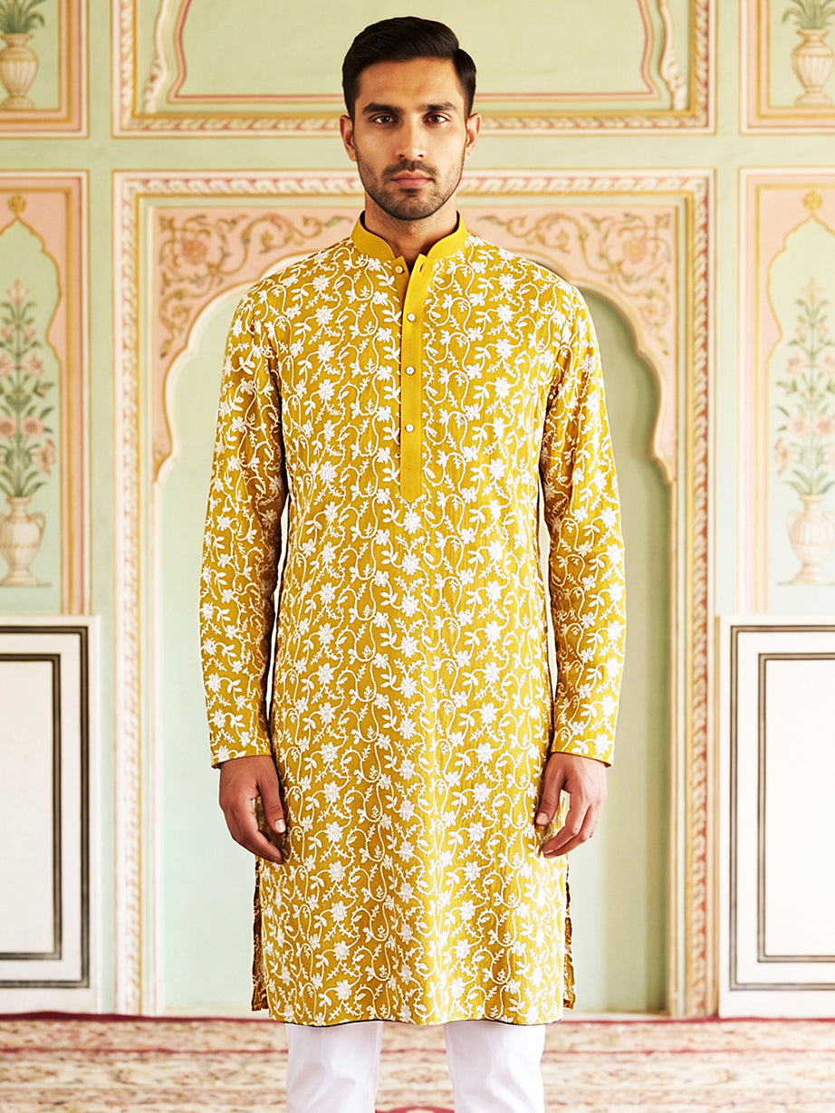 Floral Embroidered Viscose Rayon Kurta ( 65KO 5533Mustard )