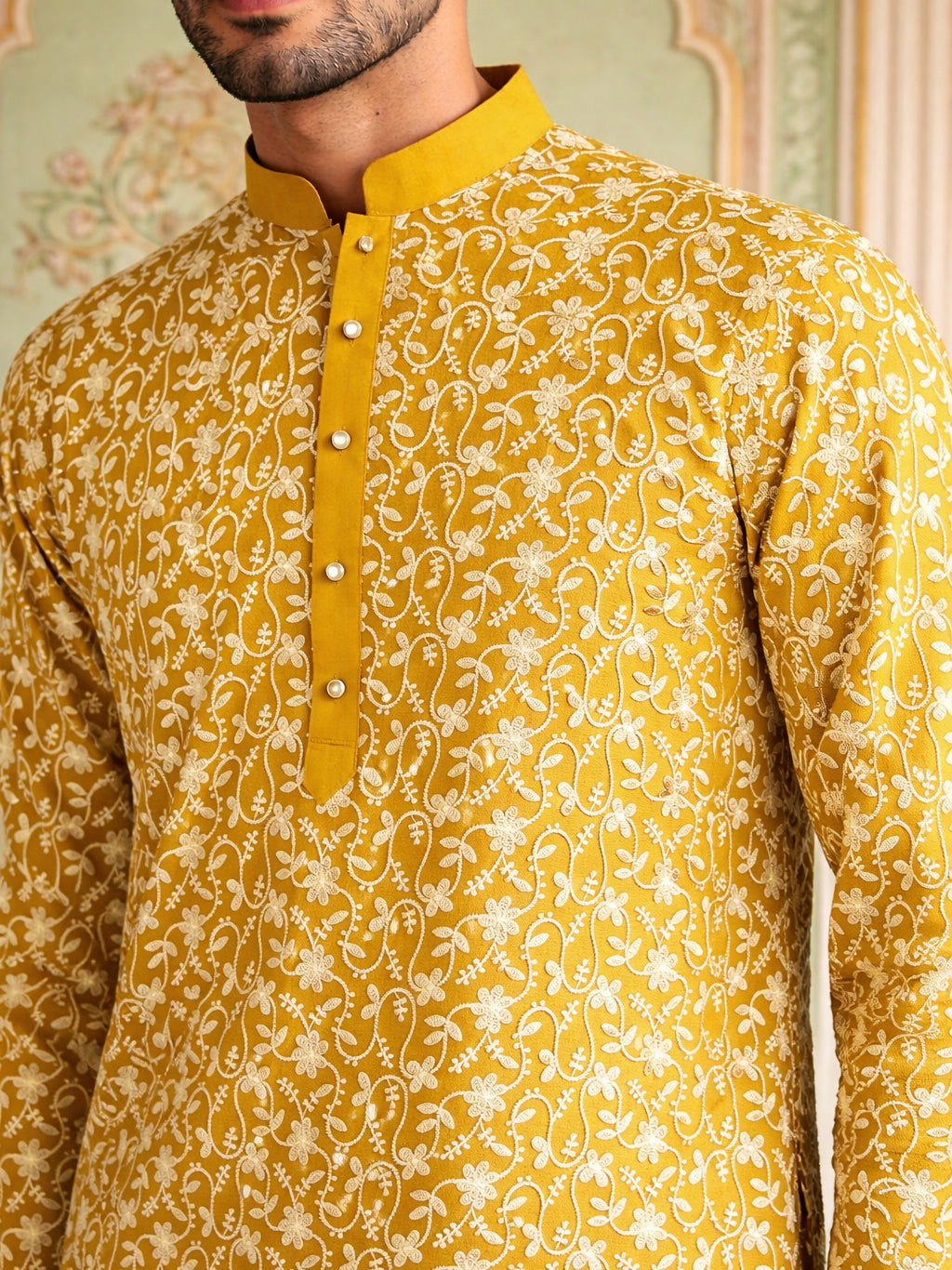 Floral Embroidered Viscose Rayon Kurta ( 65KO 5533Mustard )