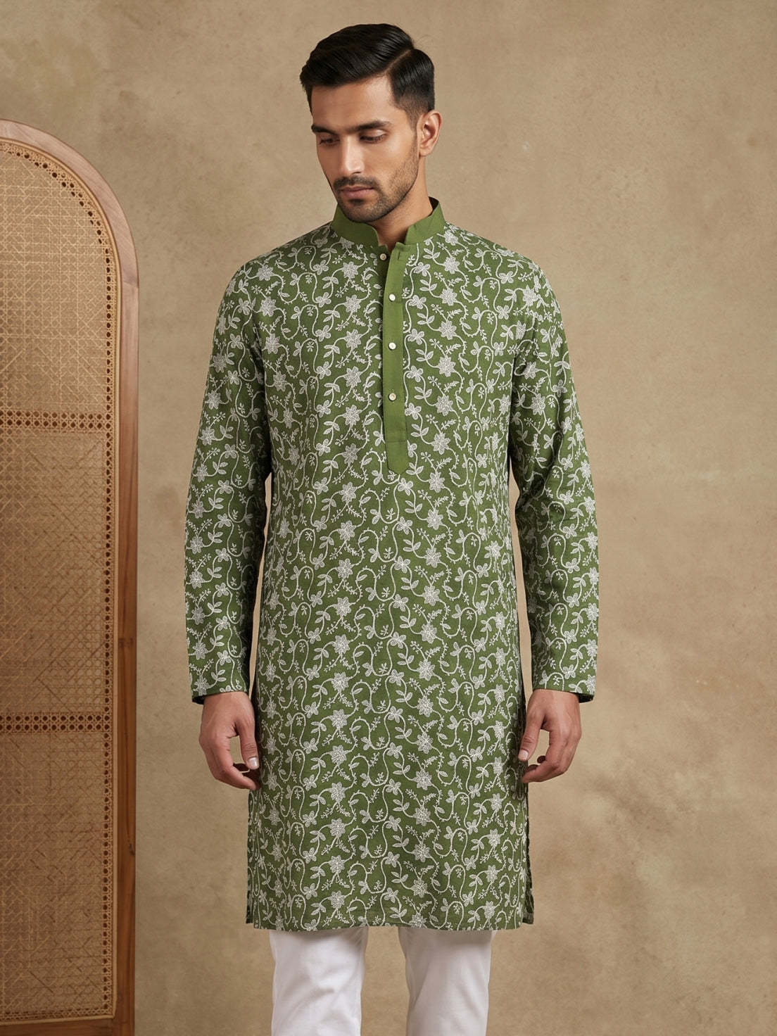 Floral Embroidered Viscose Rayon Kurta ( 65KO 5533Olive )