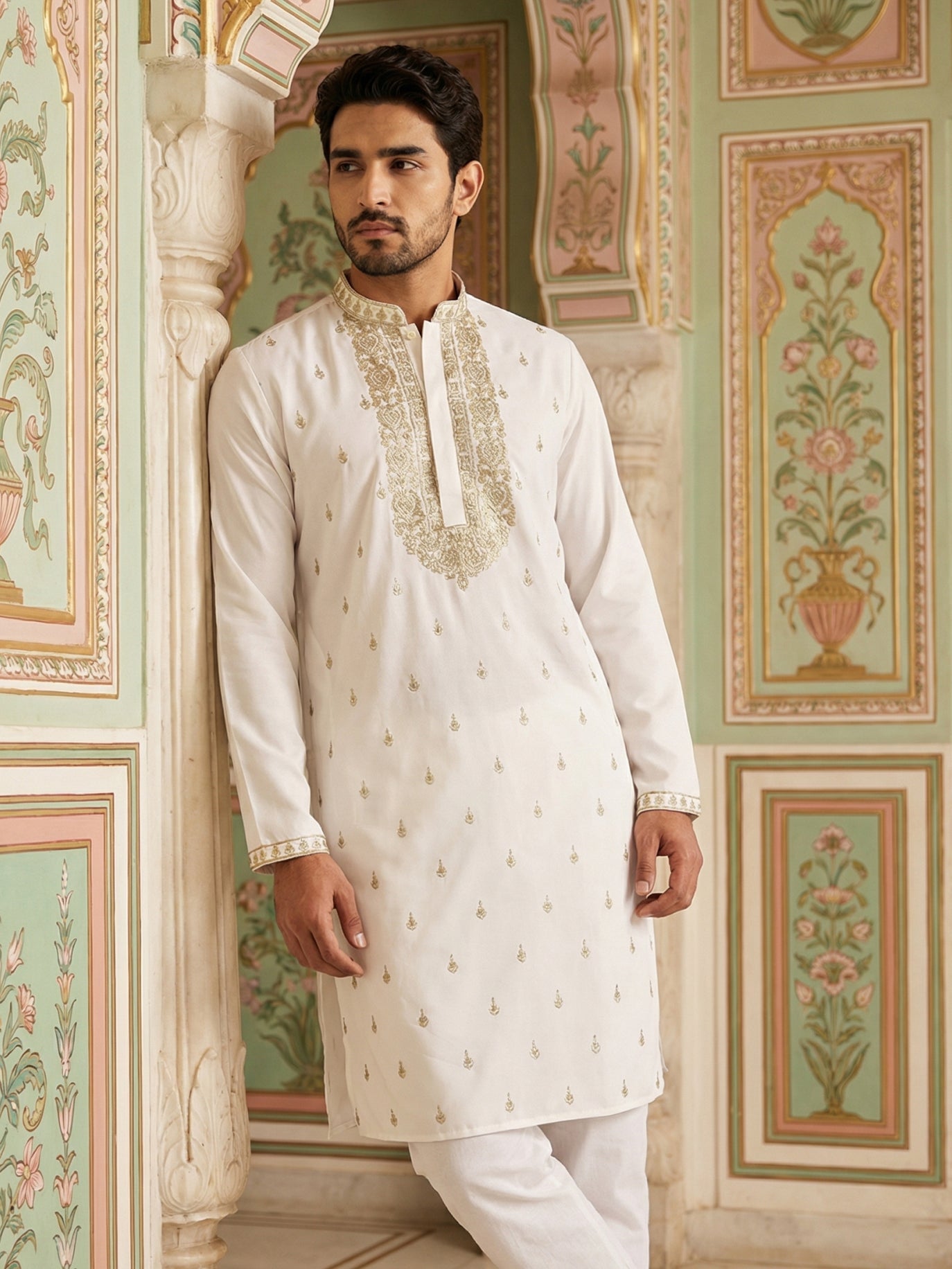 Men’s Cotton Blend Embroidered Kurta ( 65KO 5537White )