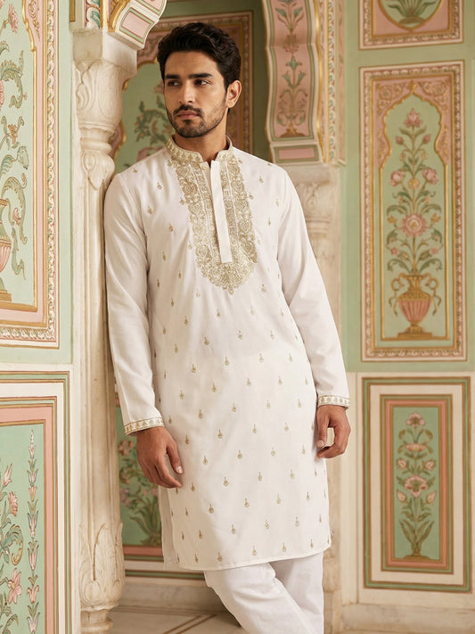 Men’s Cotton Blend Embroidered Kurta ( 65KO 5537White )