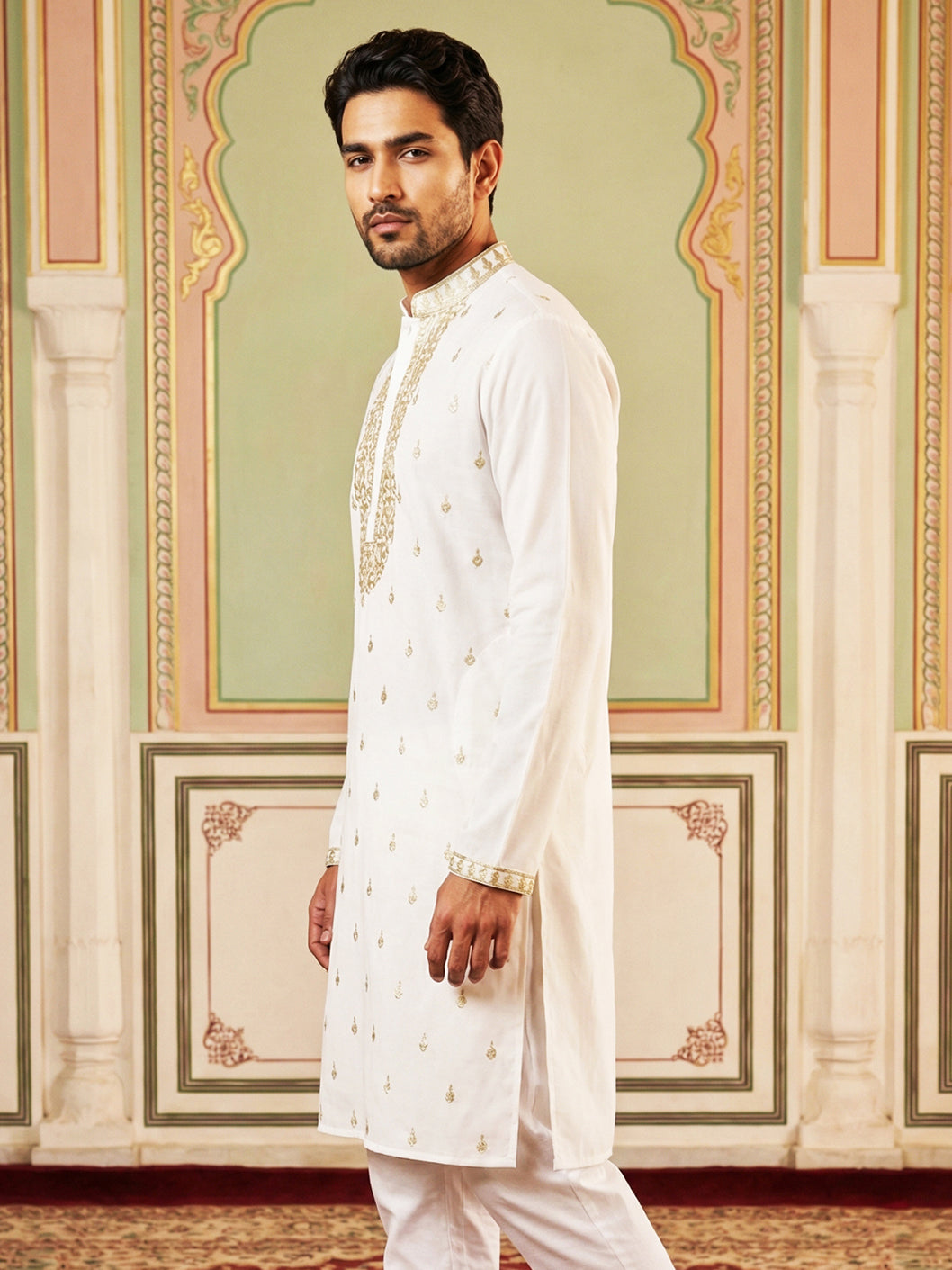 Men’s Cotton Blend Embroidered Kurta ( 65KO 5537White )