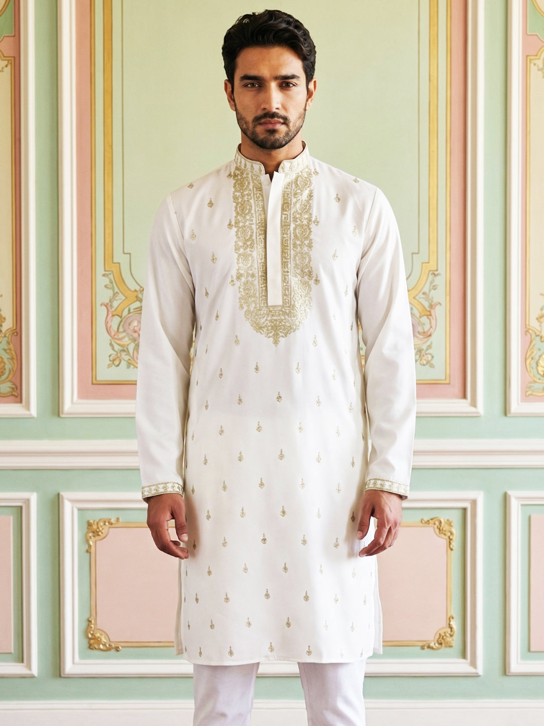 Men’s Cotton Blend Embroidered Kurta ( 65KO 5537White )