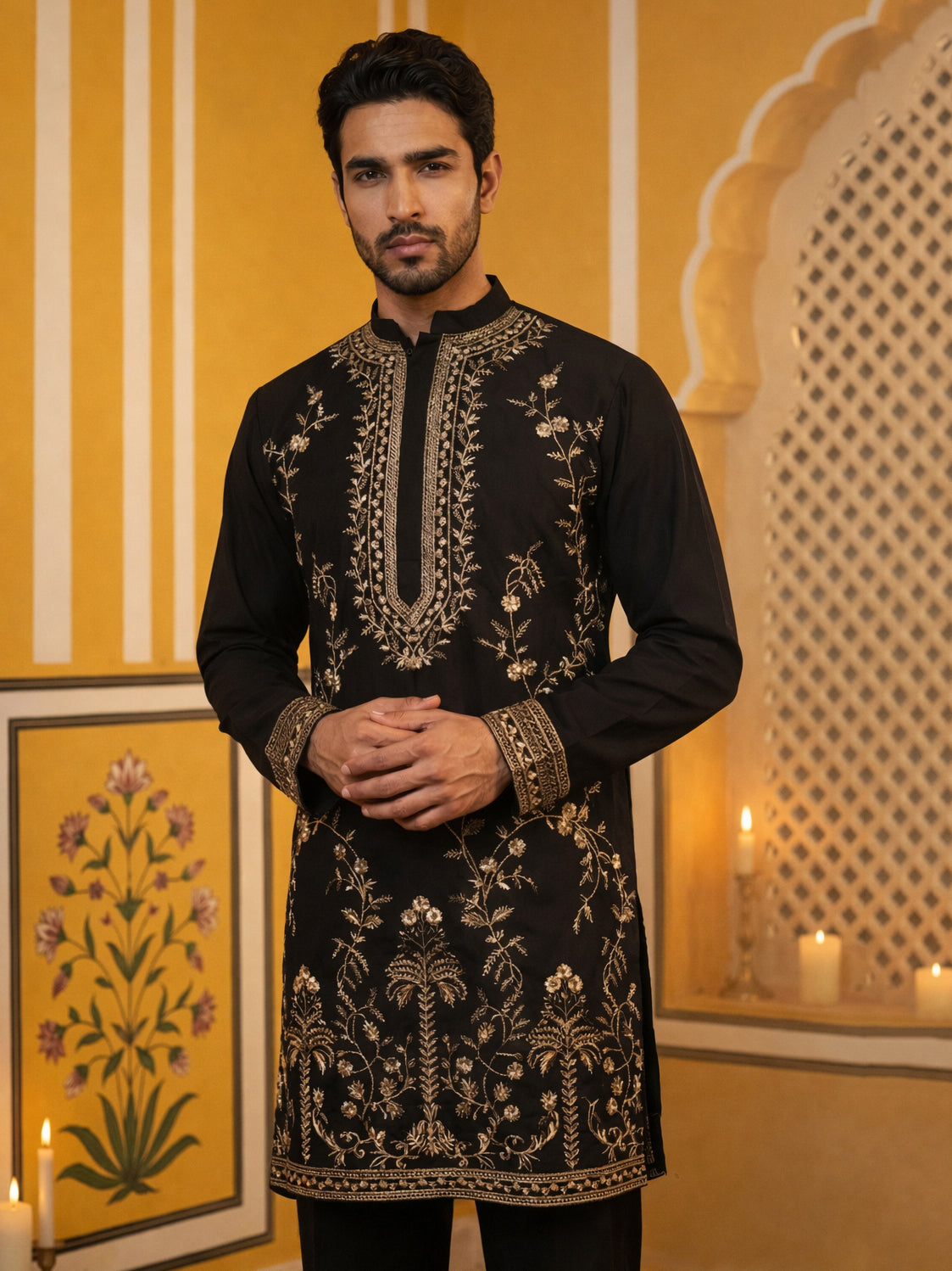 Men’s Imported Japanese Embroidered Kurta ( 65KO 5538Black )