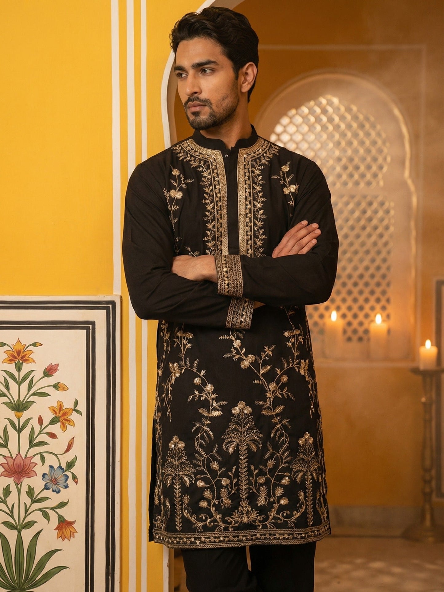 Men’s Imported Japanese Embroidered Kurta ( 65KO 5538Black )