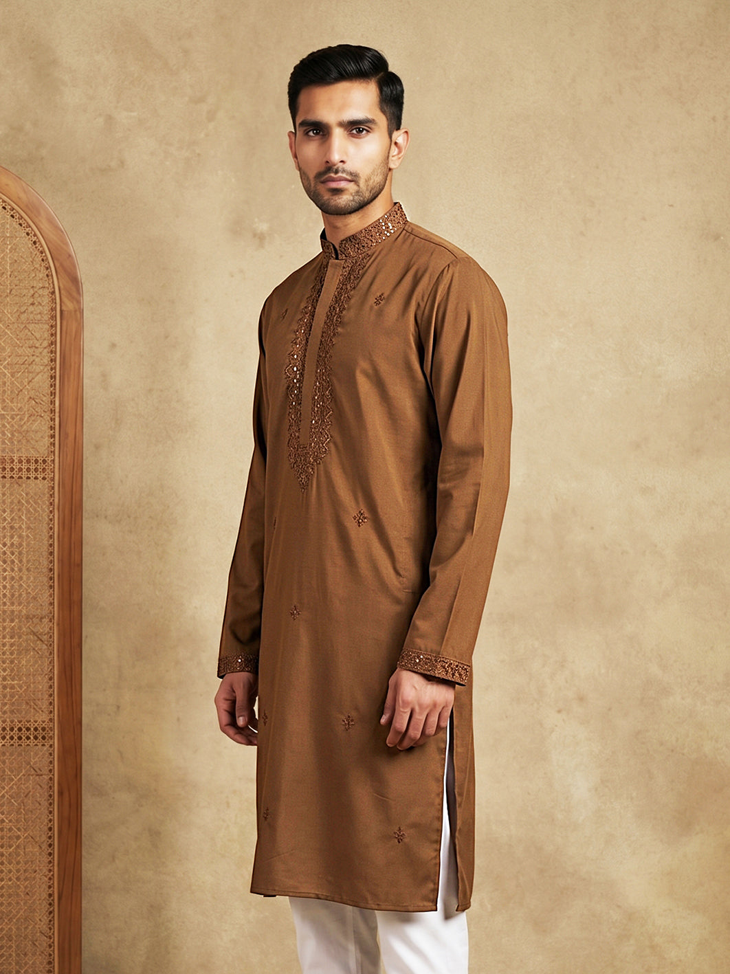 Men’s Imported Japanese Embroidered Kurta ( 65KO 5541Brown )