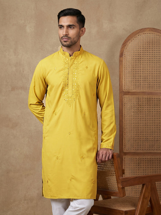 Men’s Imported Japanese Embroidered Kurta ( 65KO 5541Yellow )