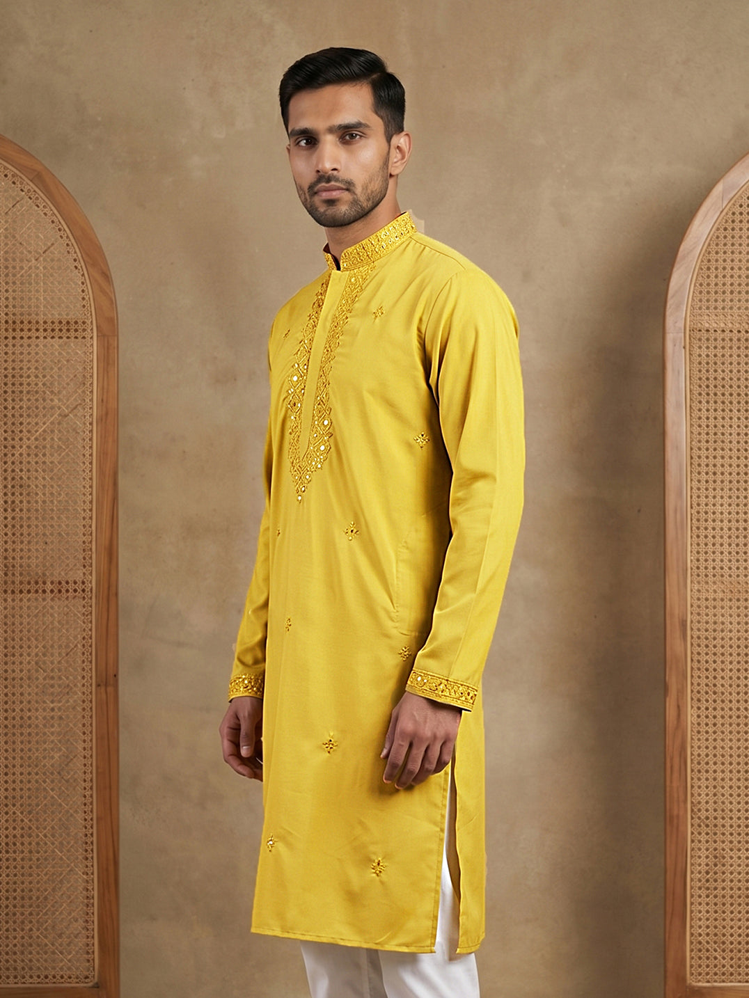 Men’s Imported Japanese Embroidered Kurta ( 65KO 5541Yellow )