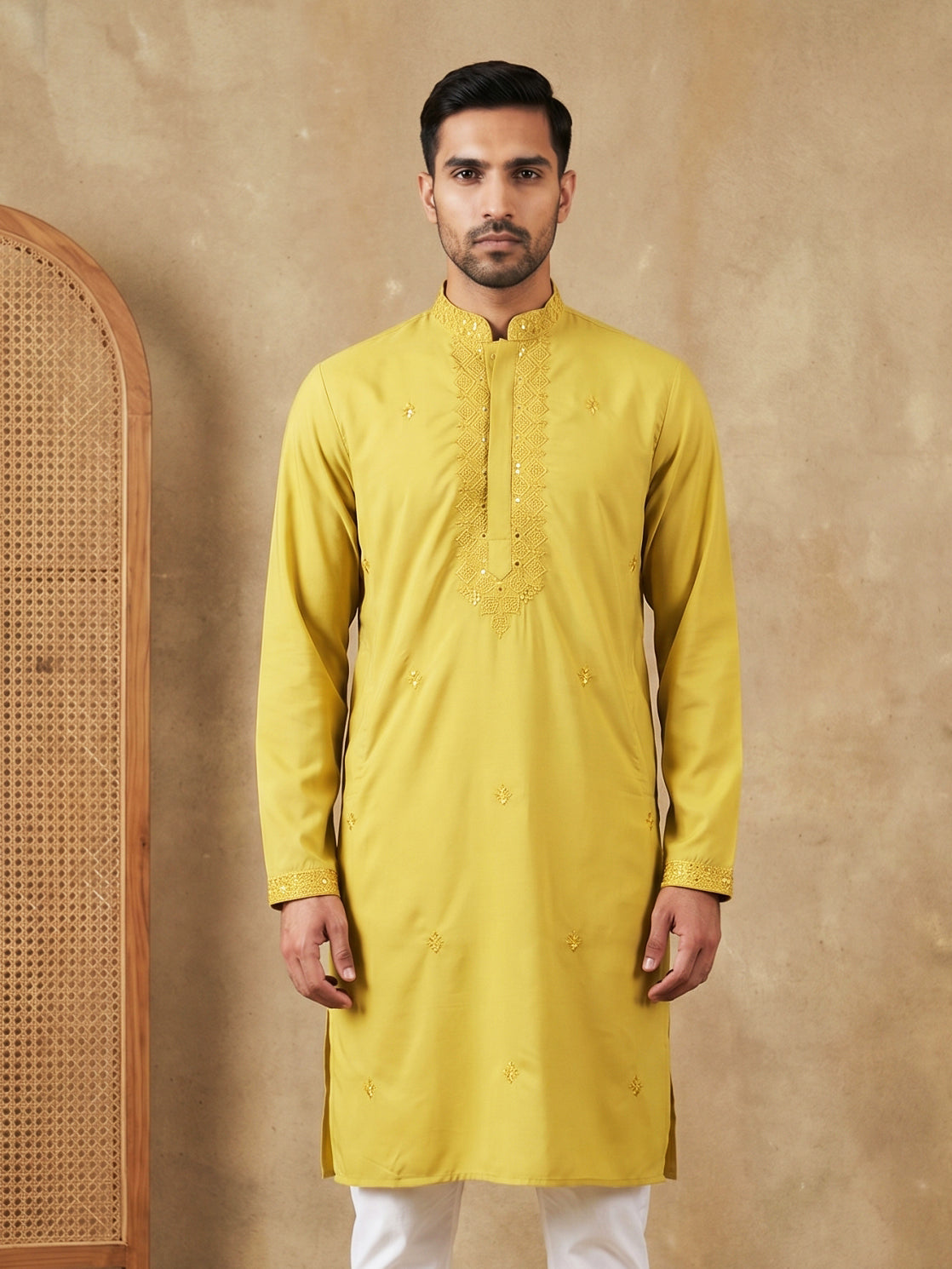 Men’s Imported Japanese Embroidered Kurta ( 65KO 5541Yellow )