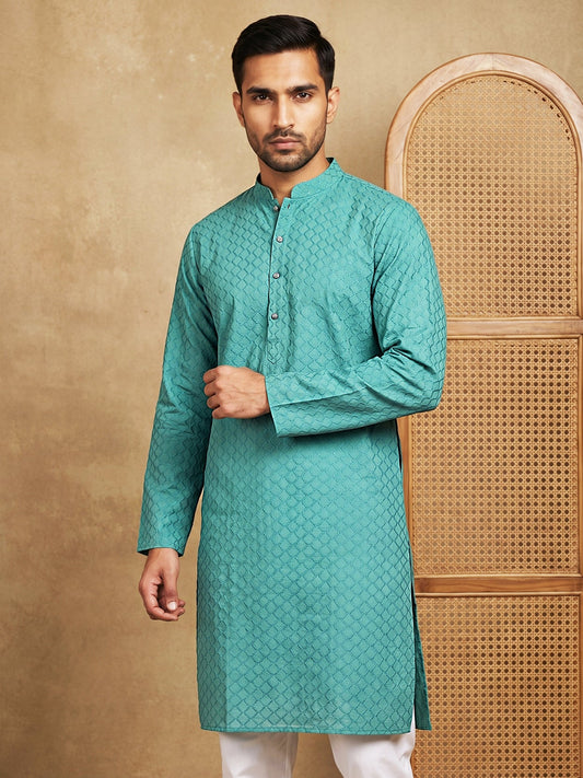 Men’s Cotton Blend Woven Design Kurta ( 65KO 5542Blue )