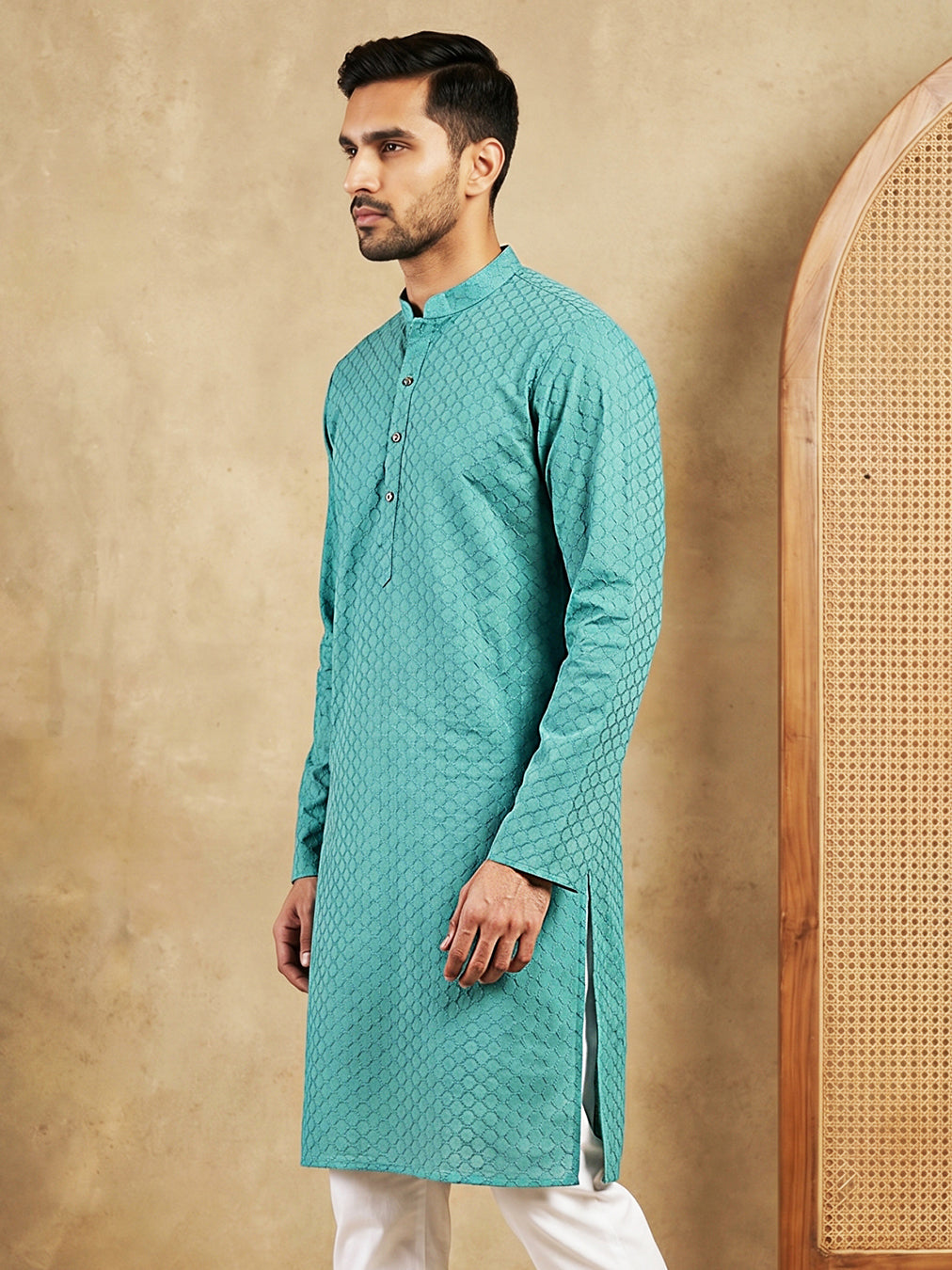 Men’s Cotton Blend Woven Design Kurta ( 65KO 5542Blue )