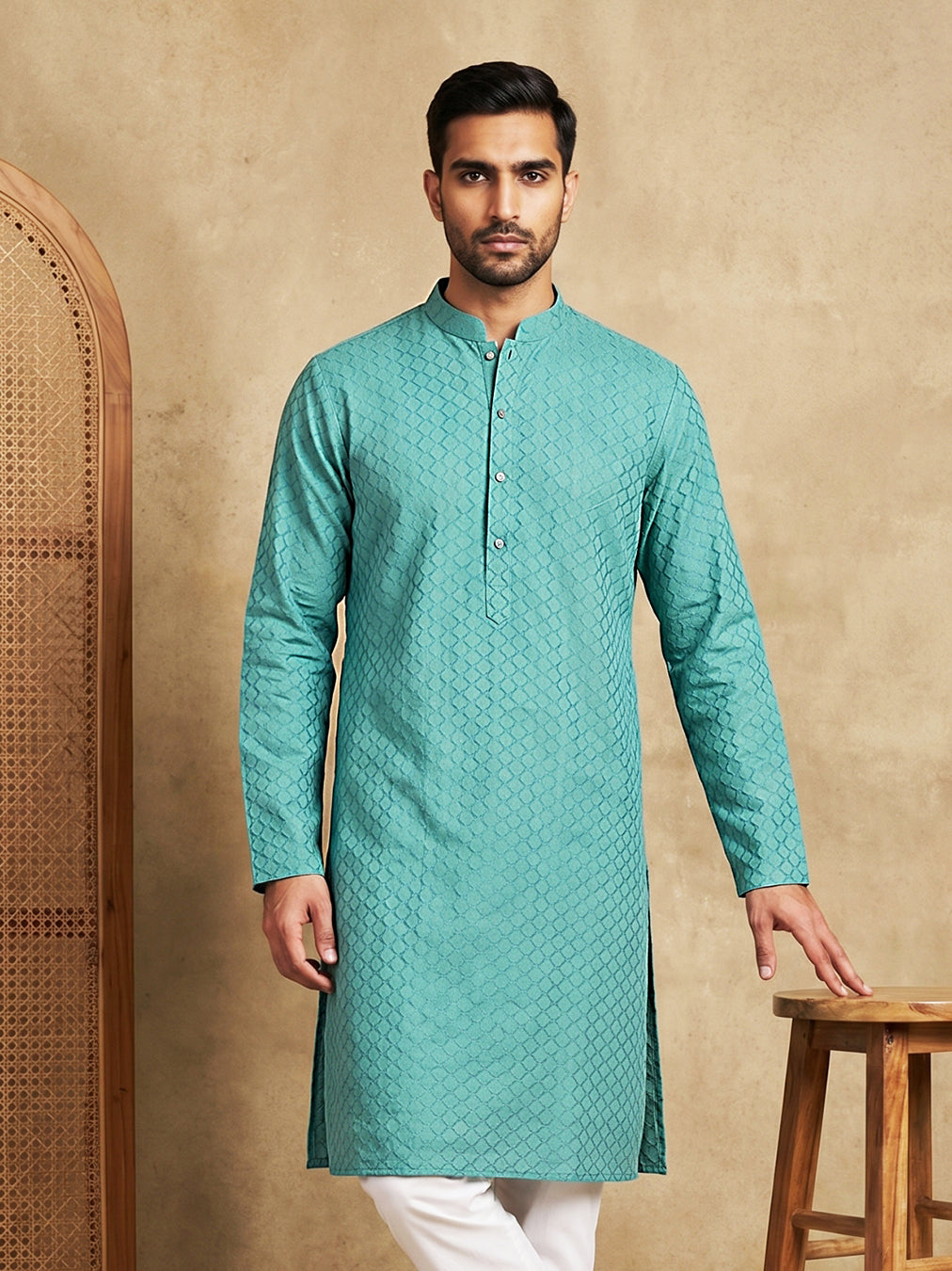 Men’s Cotton Blend Woven Design Kurta ( 65KO 5542Blue )