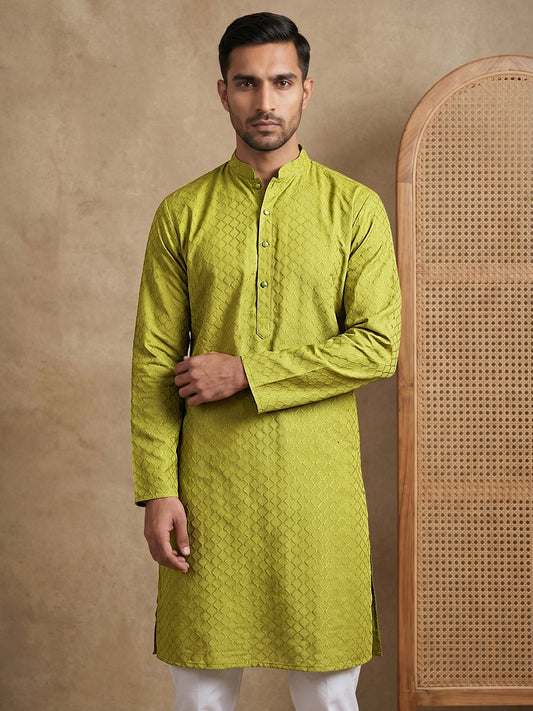 Men’s Cotton Blend Woven Design Kurta ( 65KO 5542Green )