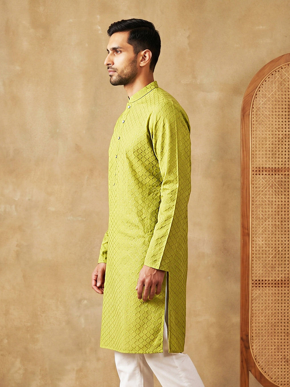 Men’s Cotton Blend Woven Design Kurta ( 65KO 5542Green )