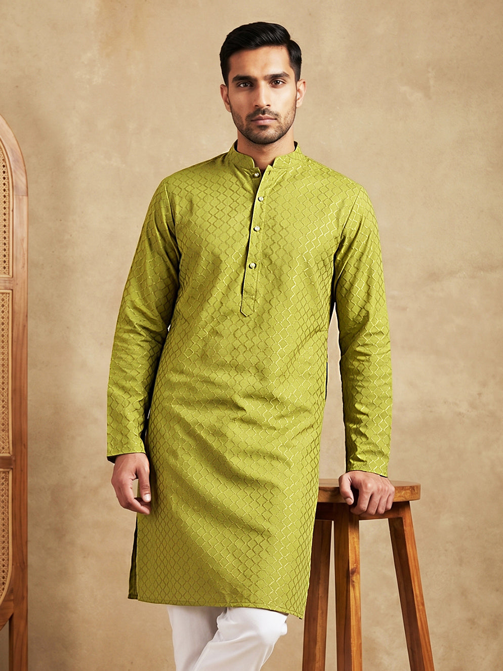 Men’s Cotton Blend Woven Design Kurta ( 65KO 5542Green )