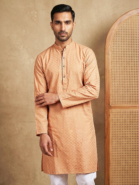 Men’s Cotton Blend Woven Design Kurta ( 65KO 5542Peach )