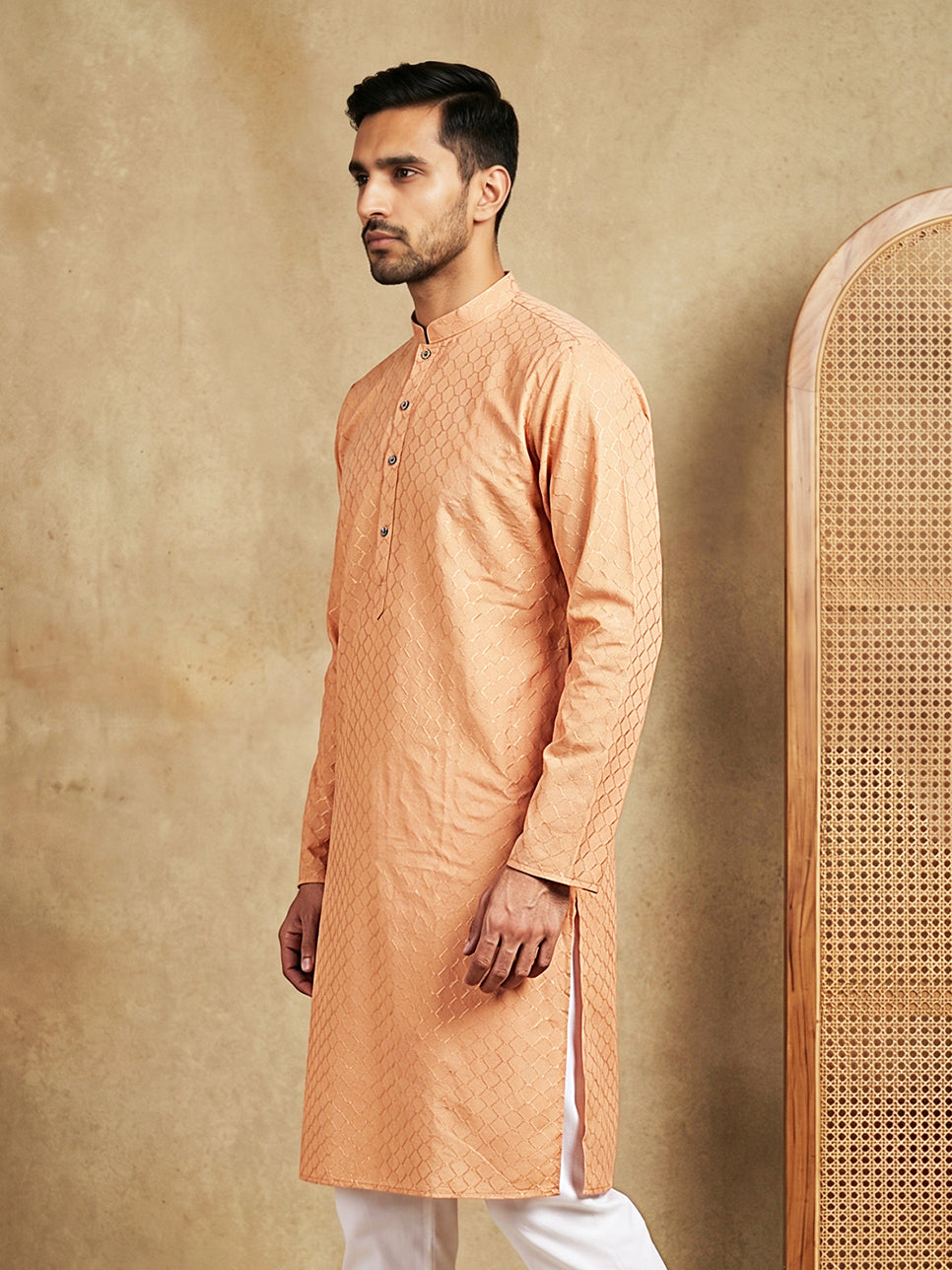 Men’s Cotton Blend Woven Design Kurta ( 65KO 5542Peach )