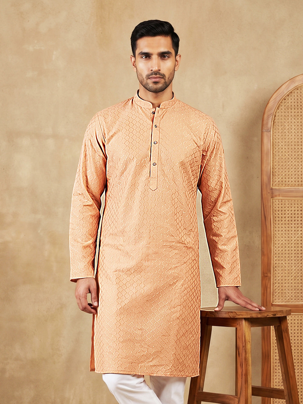 Men’s Cotton Blend Woven Design Kurta ( 65KO 5542Peach )